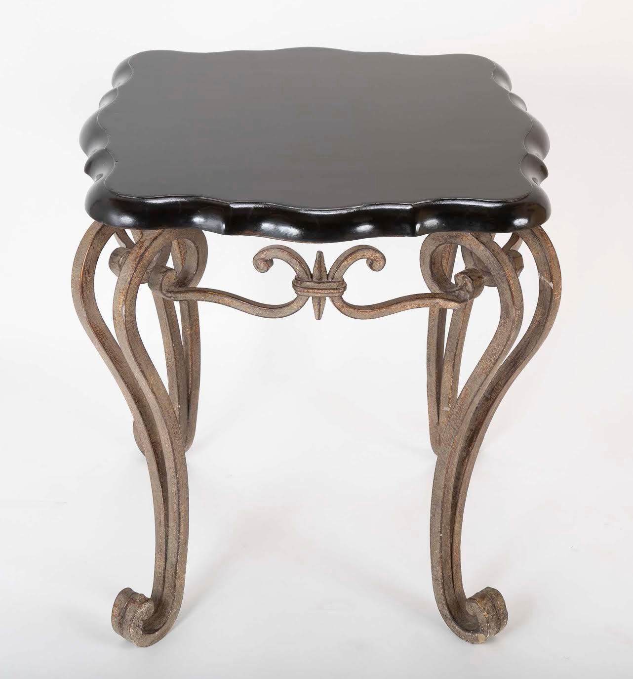 Mid-Century Modern Pair of French Midcentury Wrought Iron Side Tables with Black Lacquered Tops For Sale