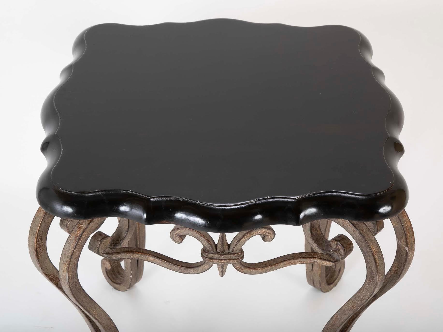 Pair of French Midcentury Wrought Iron Side Tables with Black Lacquered Tops In Good Condition For Sale In Stamford, CT
