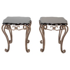 Pair of French Midcentury Wrought Iron Side Tables with Black Lacquered Tops
