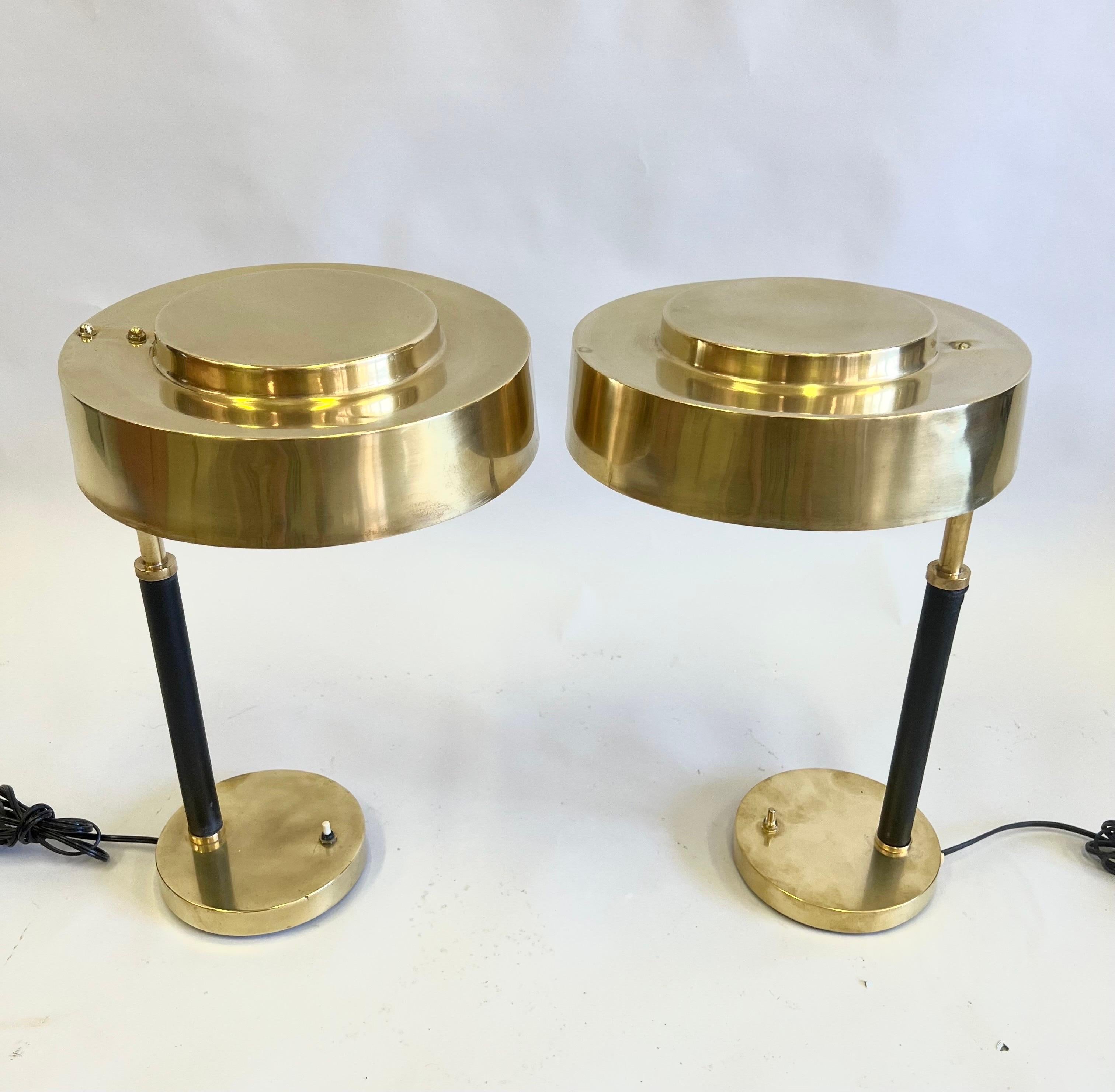 Mid-Century Modern Pair French Midcentury Art Deco Brass & Leather Desk/ Table Lamps, Jacques Adnet For Sale