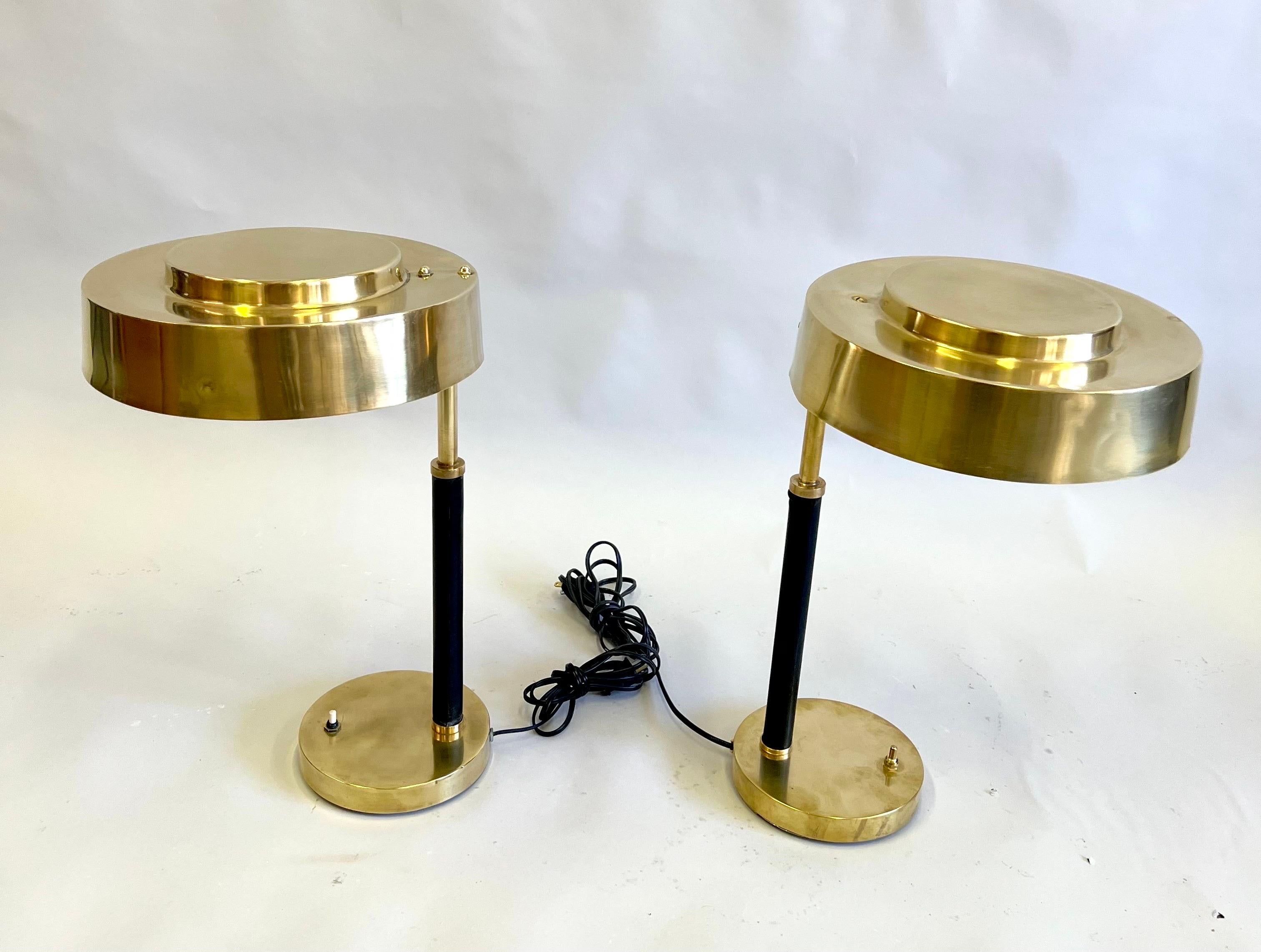 20th Century Pair French Midcentury Art Deco Brass & Leather Desk/ Table Lamps, Jacques Adnet For Sale
