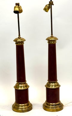 Pair French Midcentury Modern Brass & Red Enamel Table Lamps