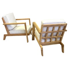 Pair French Mid-Century Modern Grid Back Ash Lounge or Armchairs by Rene Gabriel
