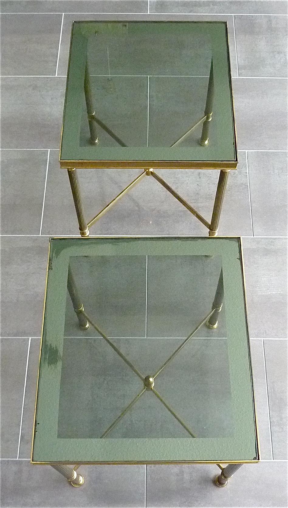 Pair French Midcentury Side Tables by Maison Jansen Patinated Brass Mirror Glass 8