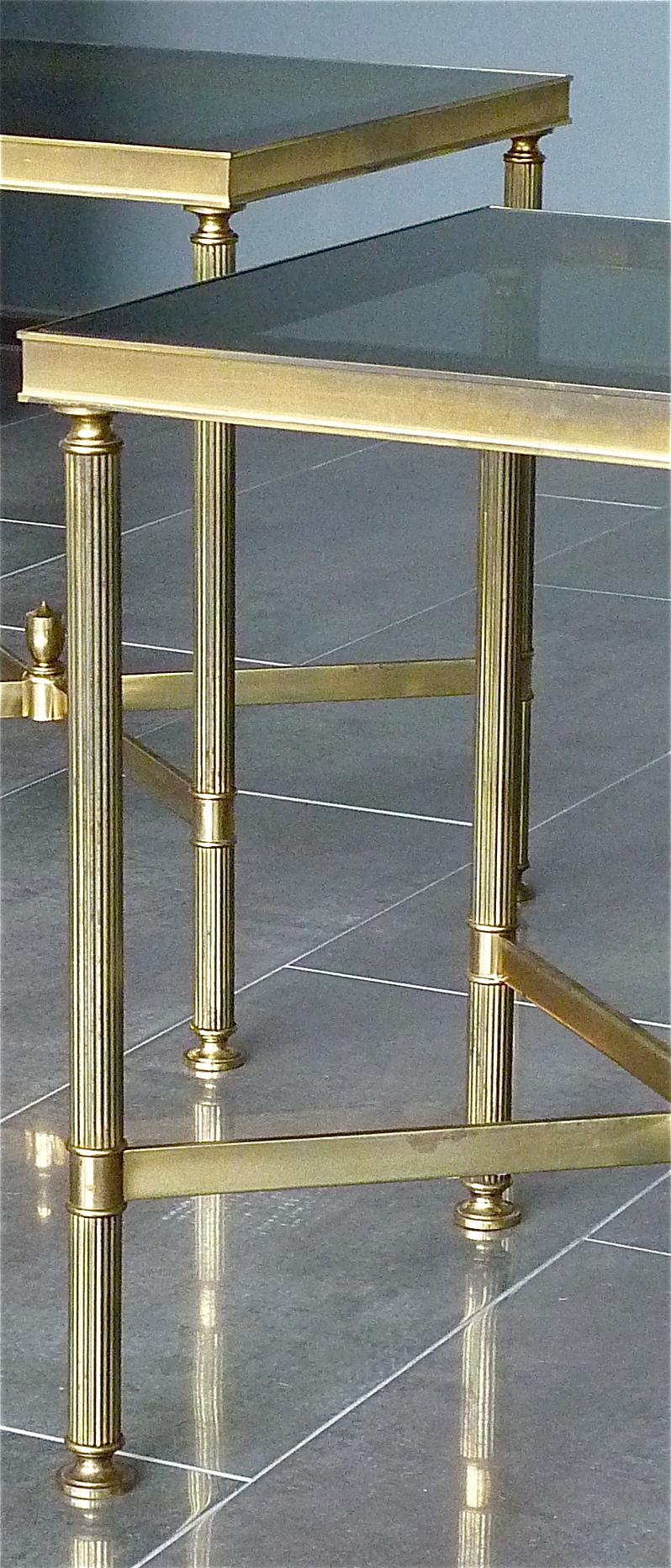 Pair French Midcentury Side Tables by Maison Jansen Patinated Brass Mirror Glass 9