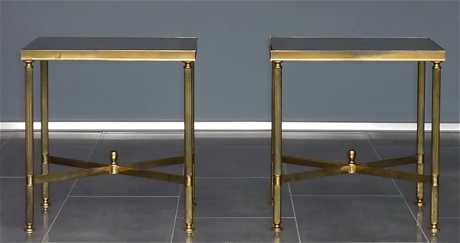 Mid-Century Modern Pair French Midcentury Side Tables by Maison Jansen Patinated Brass Mirror Glass