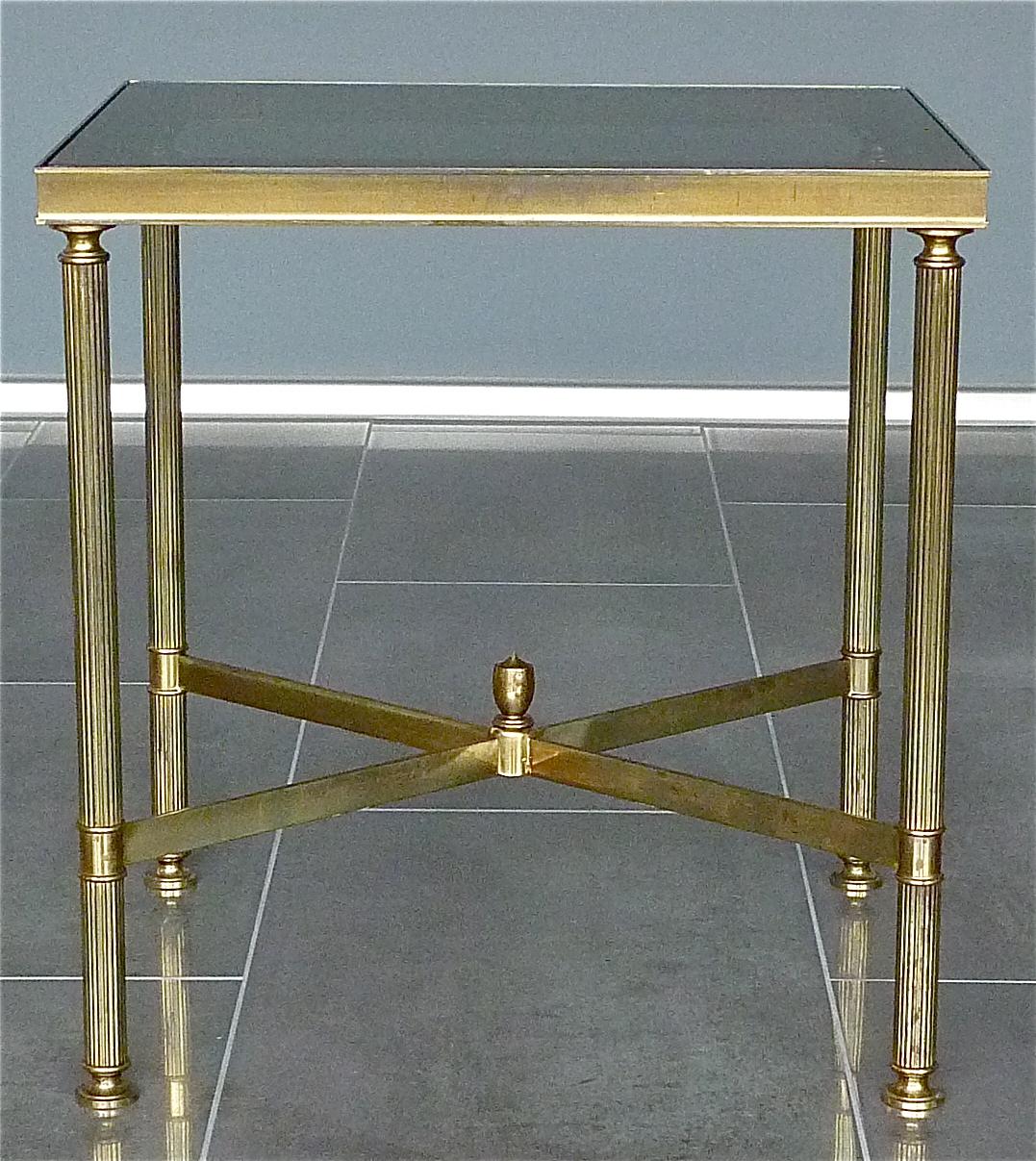 Mid-20th Century Pair French Midcentury Side Tables by Maison Jansen Patinated Brass Mirror Glass