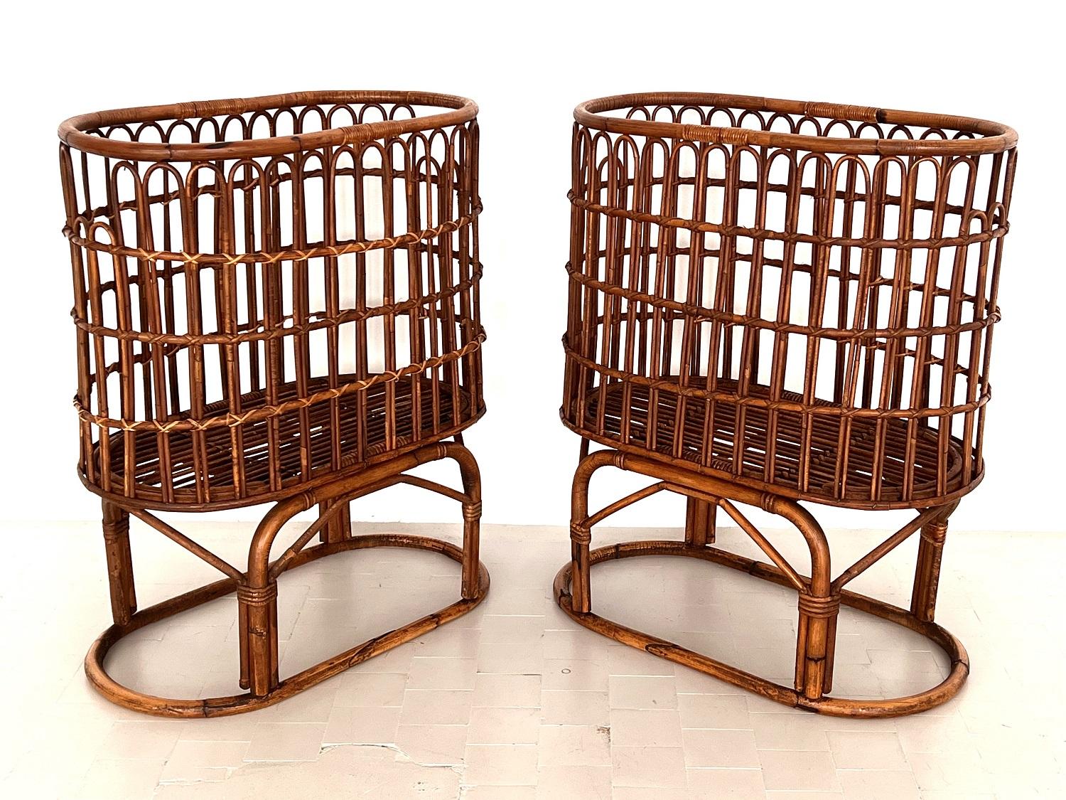 Mid-Century Modern Pair French Midcentury XXL Bamboo Baskets, 1970s For Sale