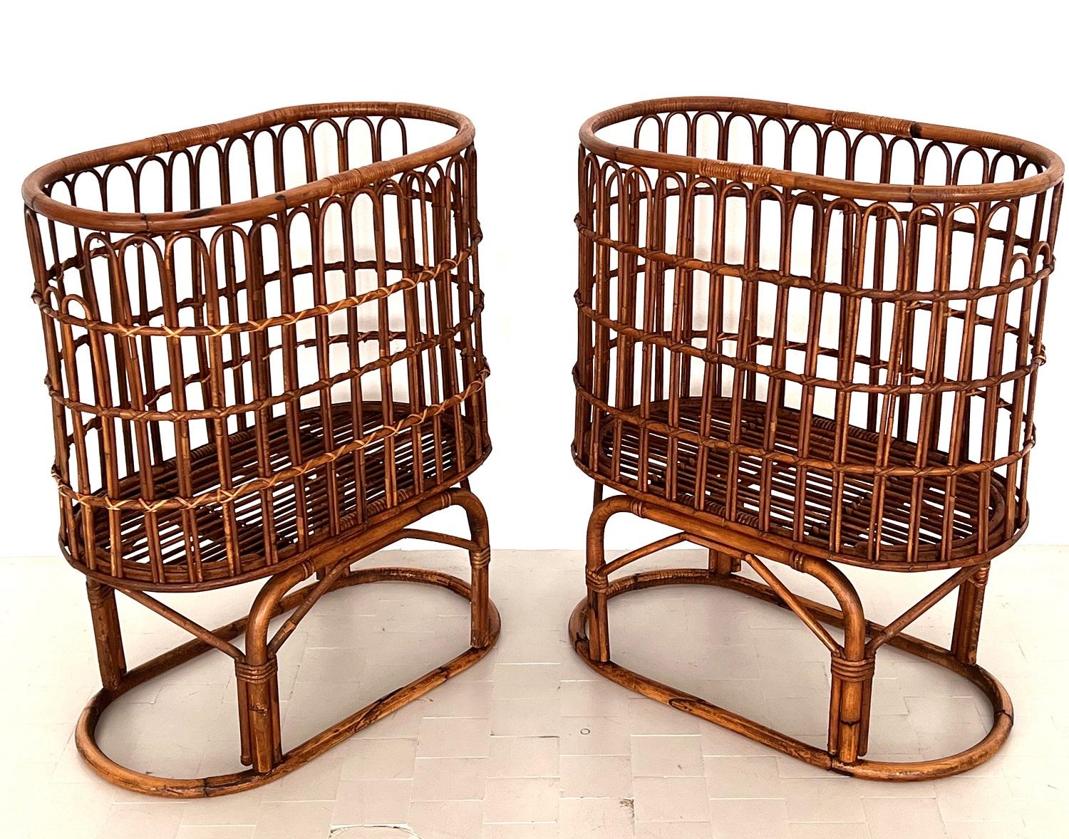 Hand-Crafted Pair French Midcentury XXL Bamboo Baskets, 1970s For Sale