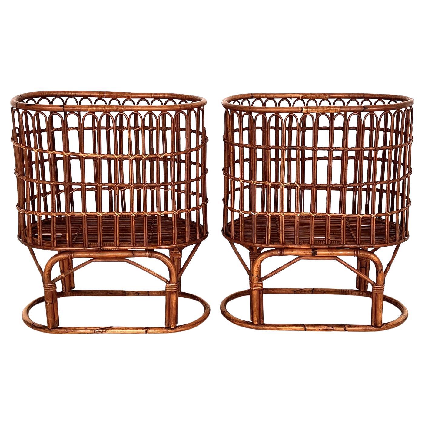 Pair French Midcentury XXL Bamboo Baskets, 1970s
