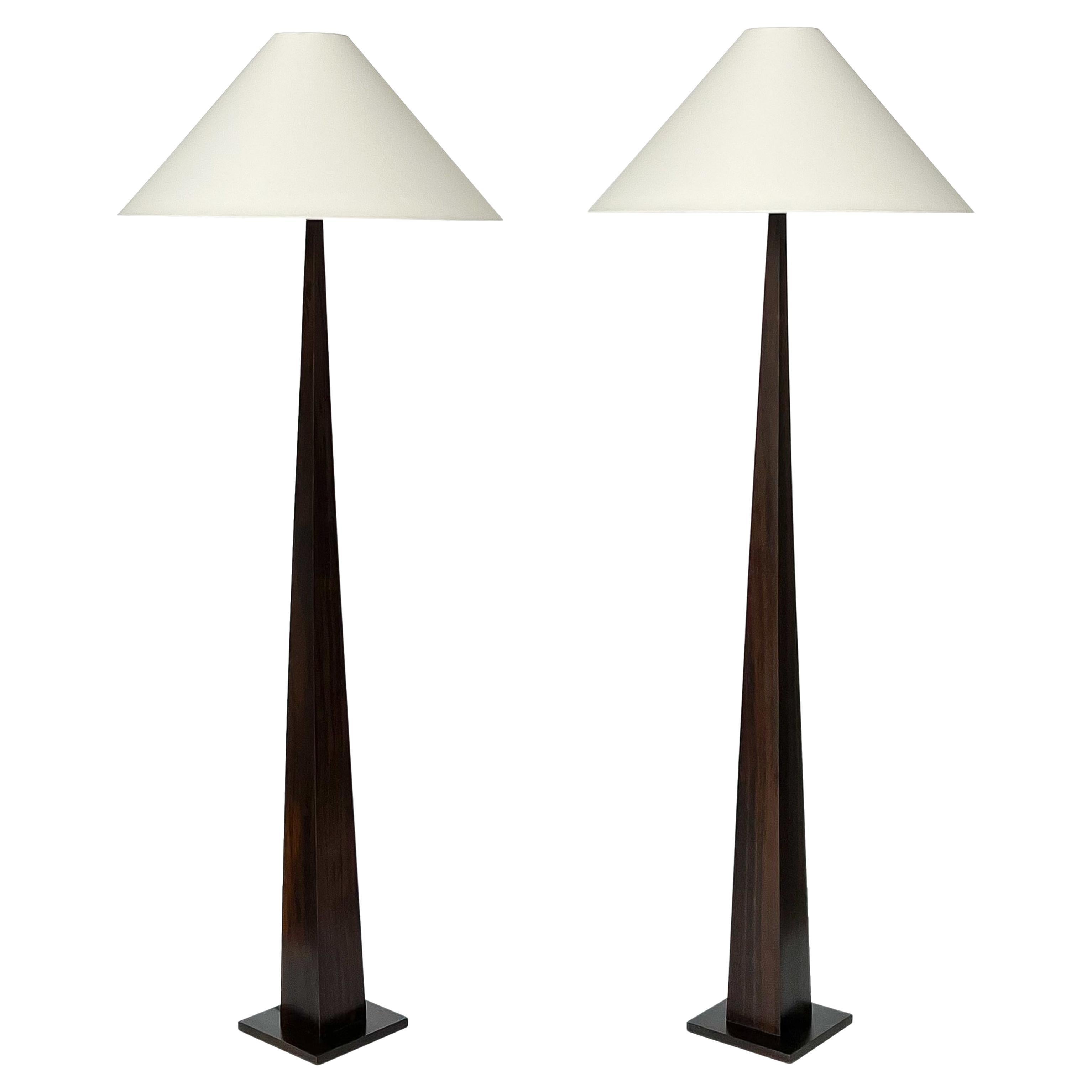 Pair French Minimalist Wood Floor Lamps by Luc Rabault 