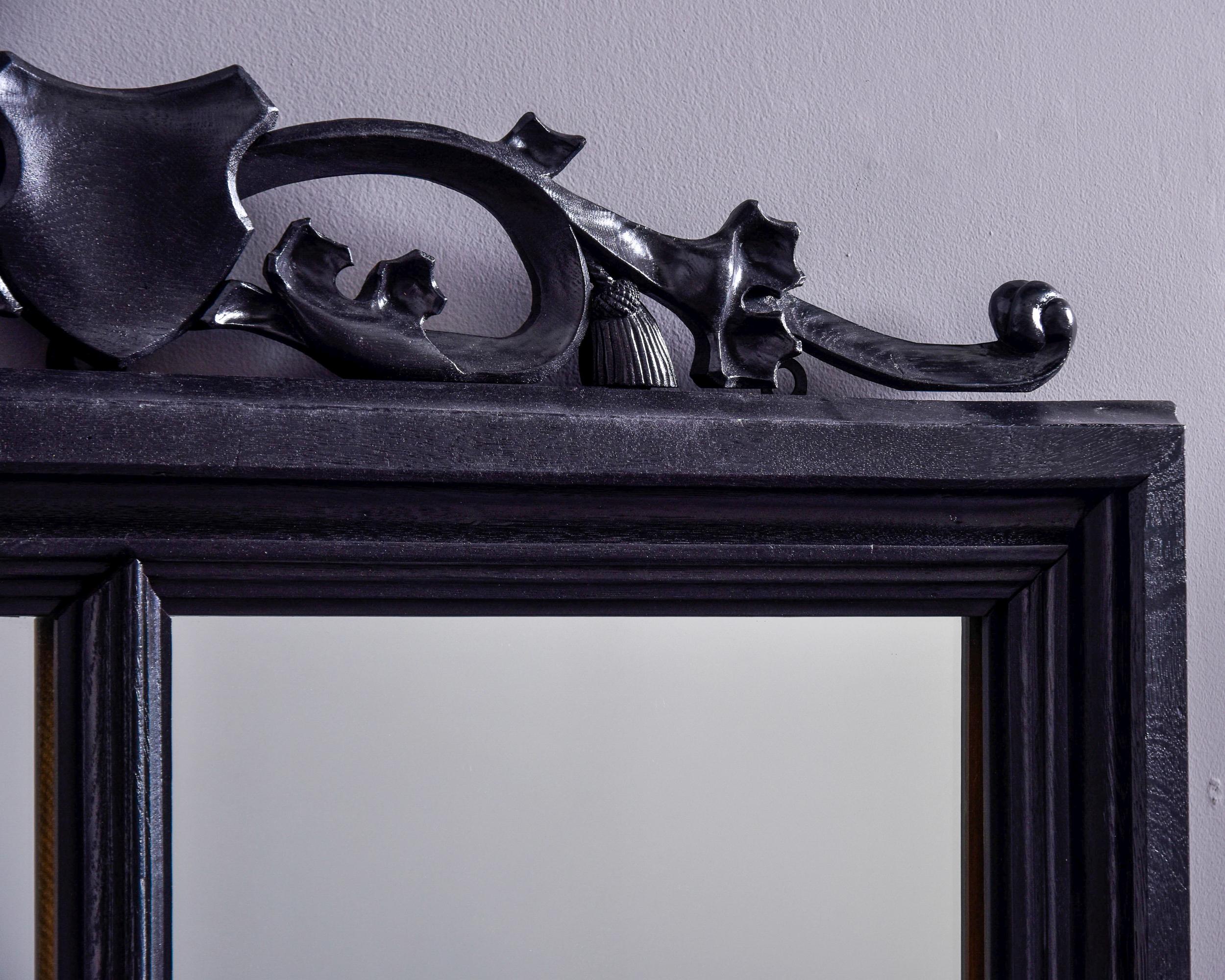 Carved Pair French Mirrors with Shield Crest and Double Pane Black Finish Frame For Sale