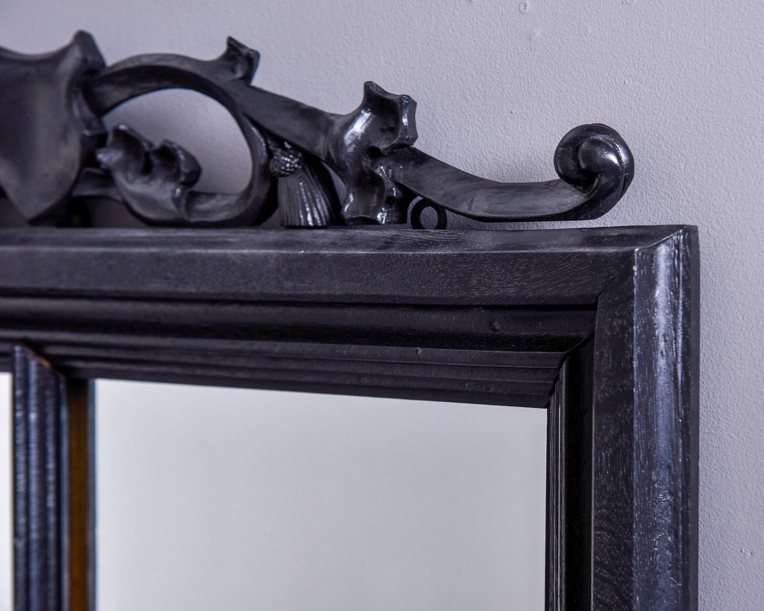 Pair French Mirrors with Shield Crest and Double Pane Black Finish Frame For Sale 1
