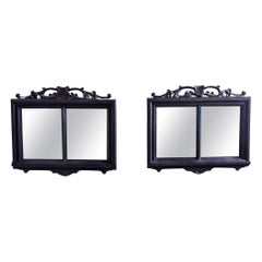Pair French Mirrors with Shield Crest and Double Pane Black Finish Frame