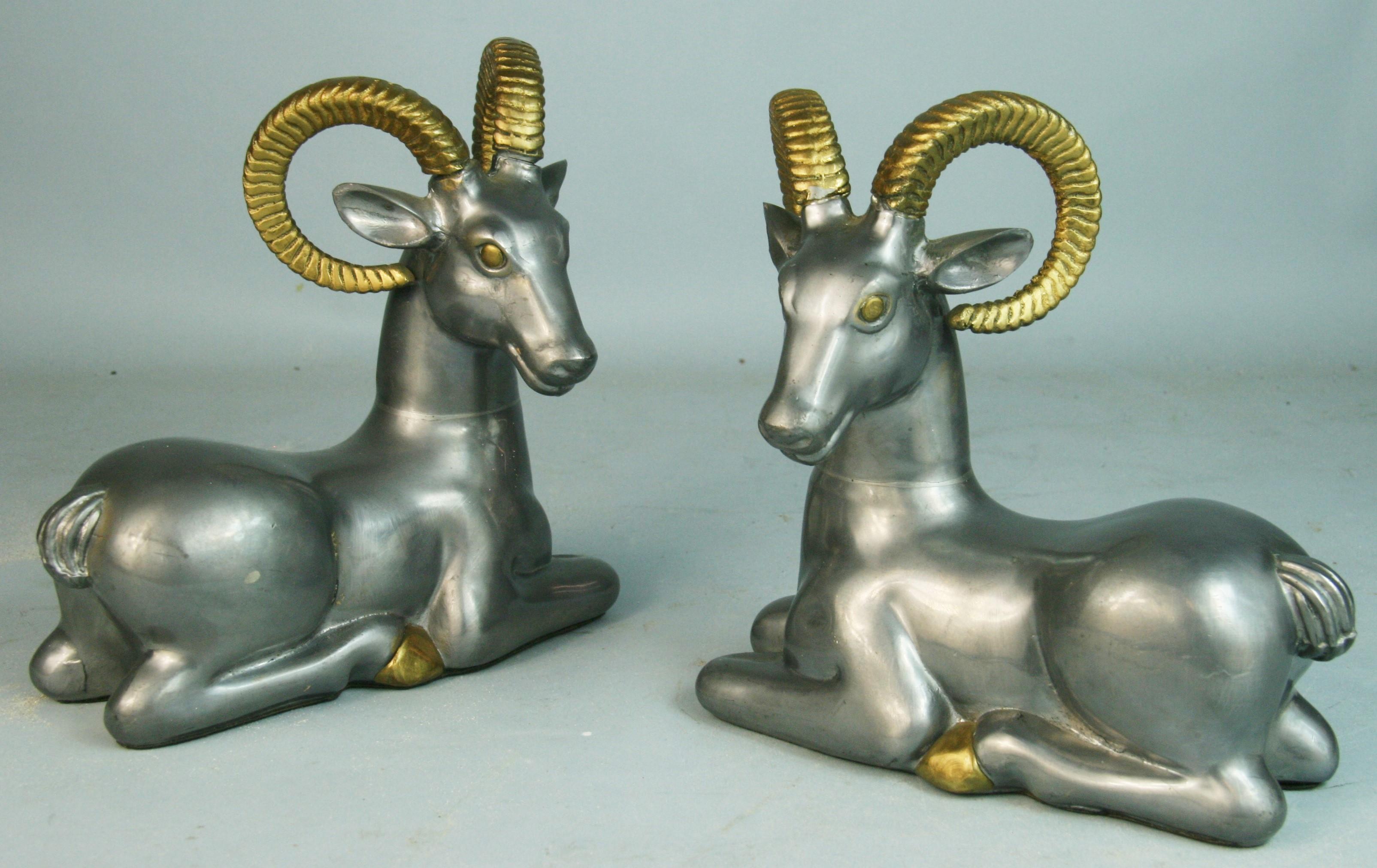 3-760 pair pewter and brass large ram bookends/sculptures.