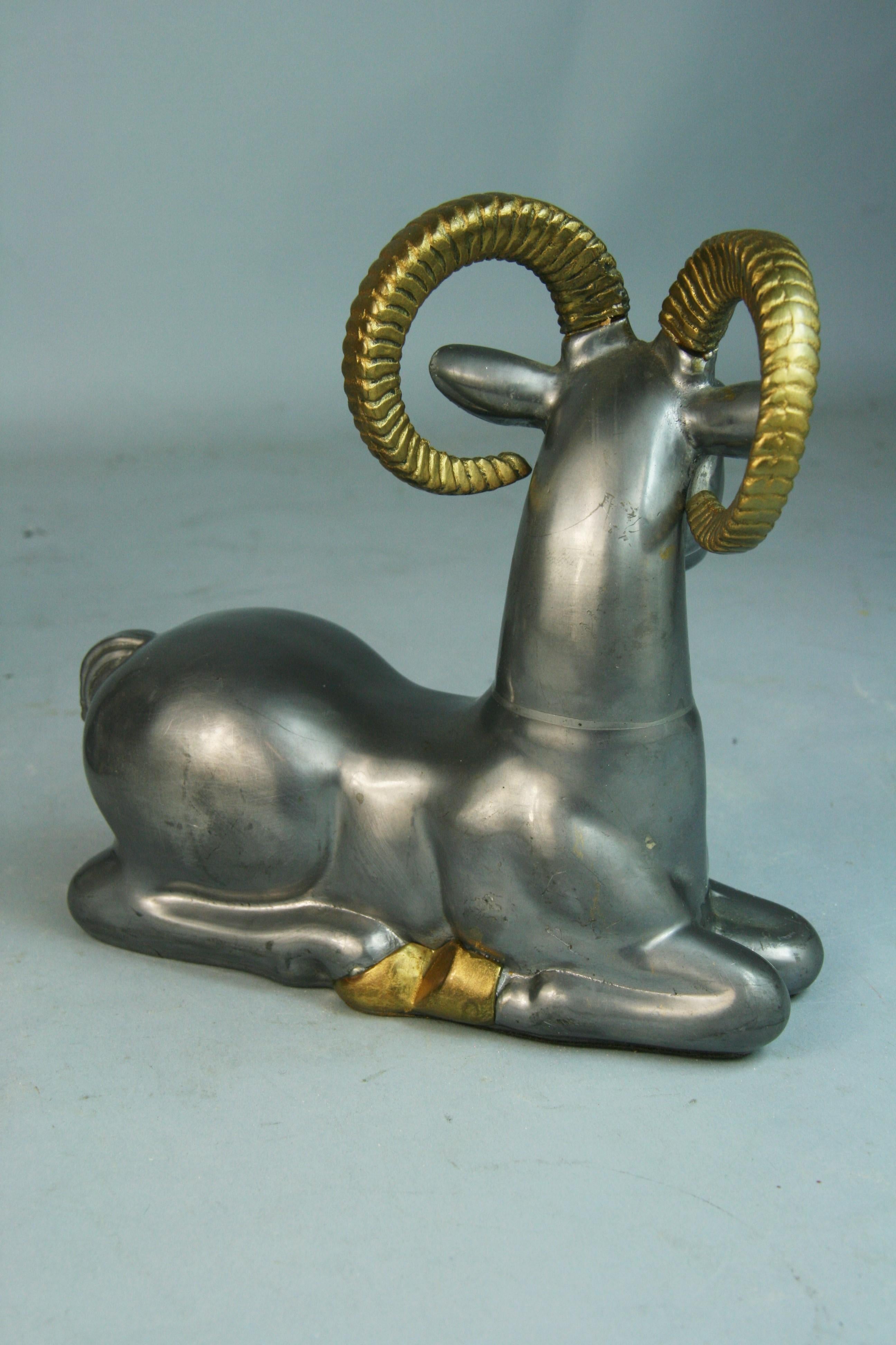 Brass Pair French Mixed Metal  Ram Bookends/Sculptures For Sale