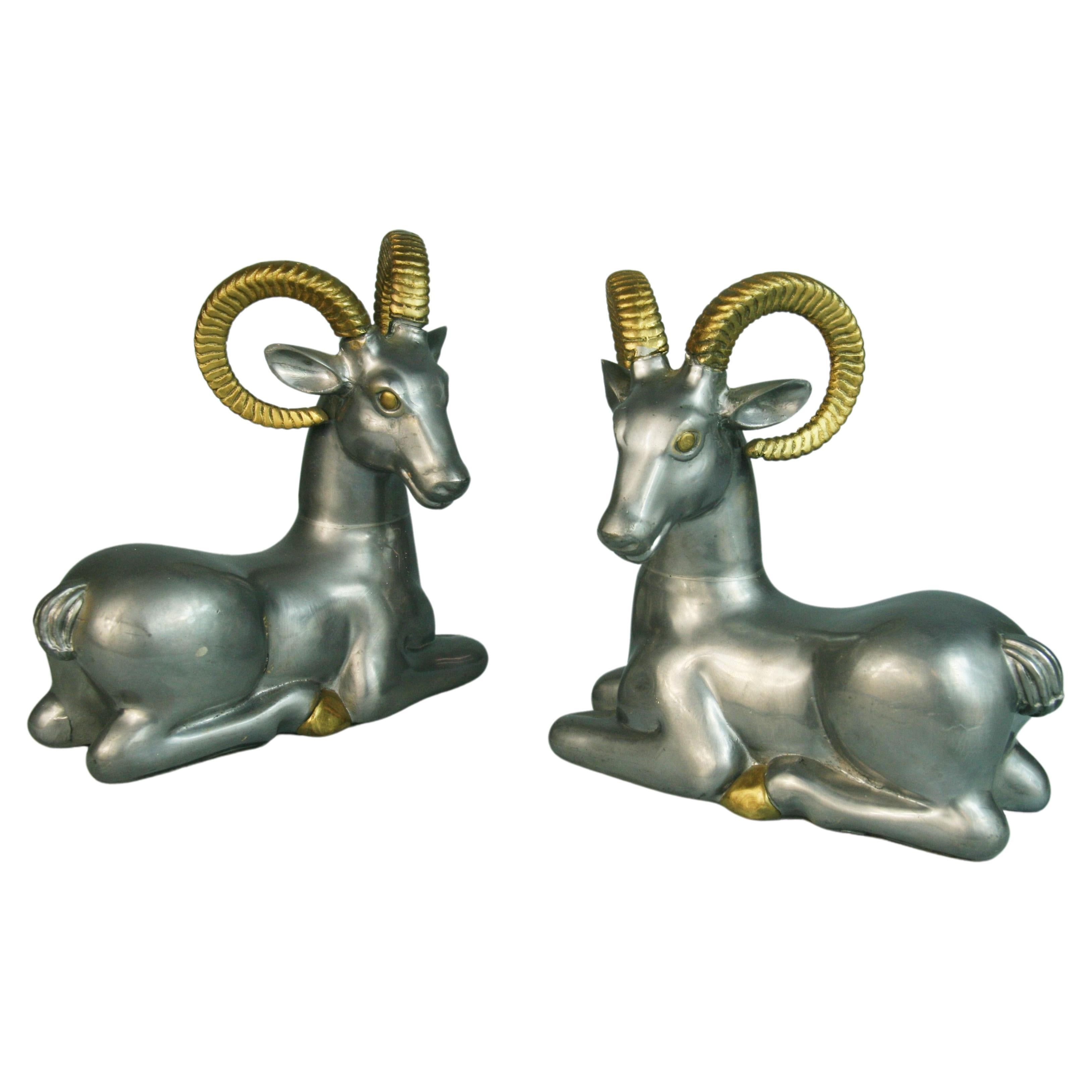 Pair French Mixed Metal  Ram Bookends/Sculptures