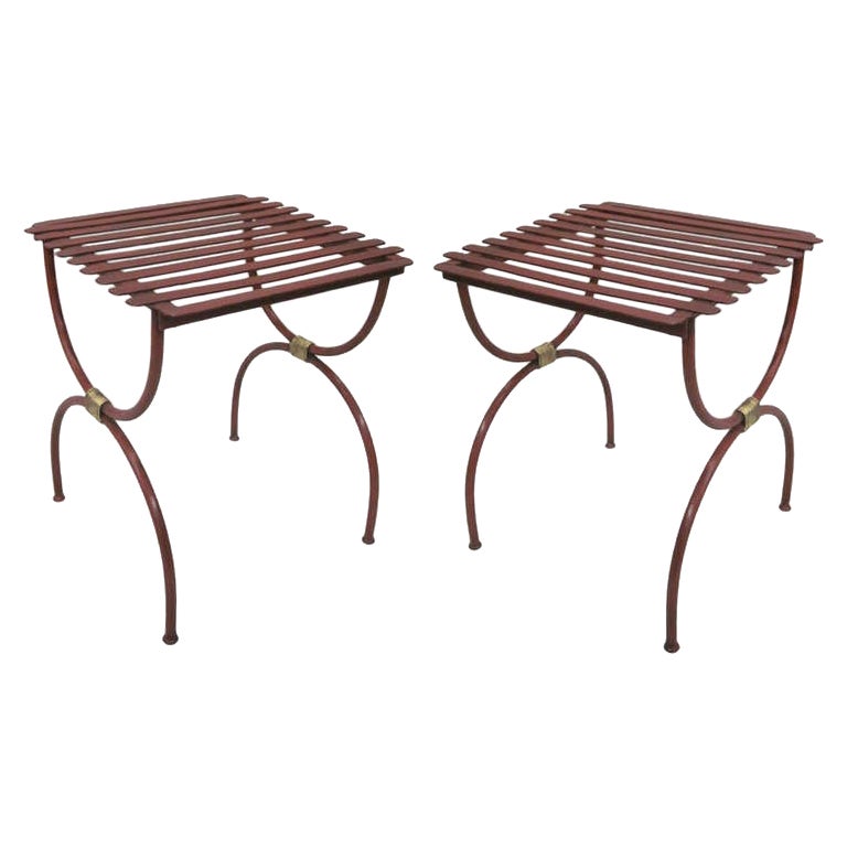 Pair French Mod Neoclassical Iron Side Tables, Luggage Racks, Benches, Poillerat