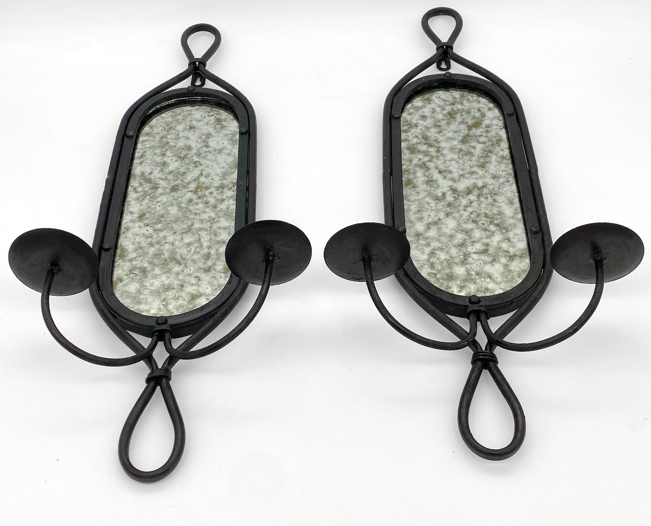 20th Century Pair French Modern Blackened Wrought Iron Mirror 2 Light Candle Sconces For Sale