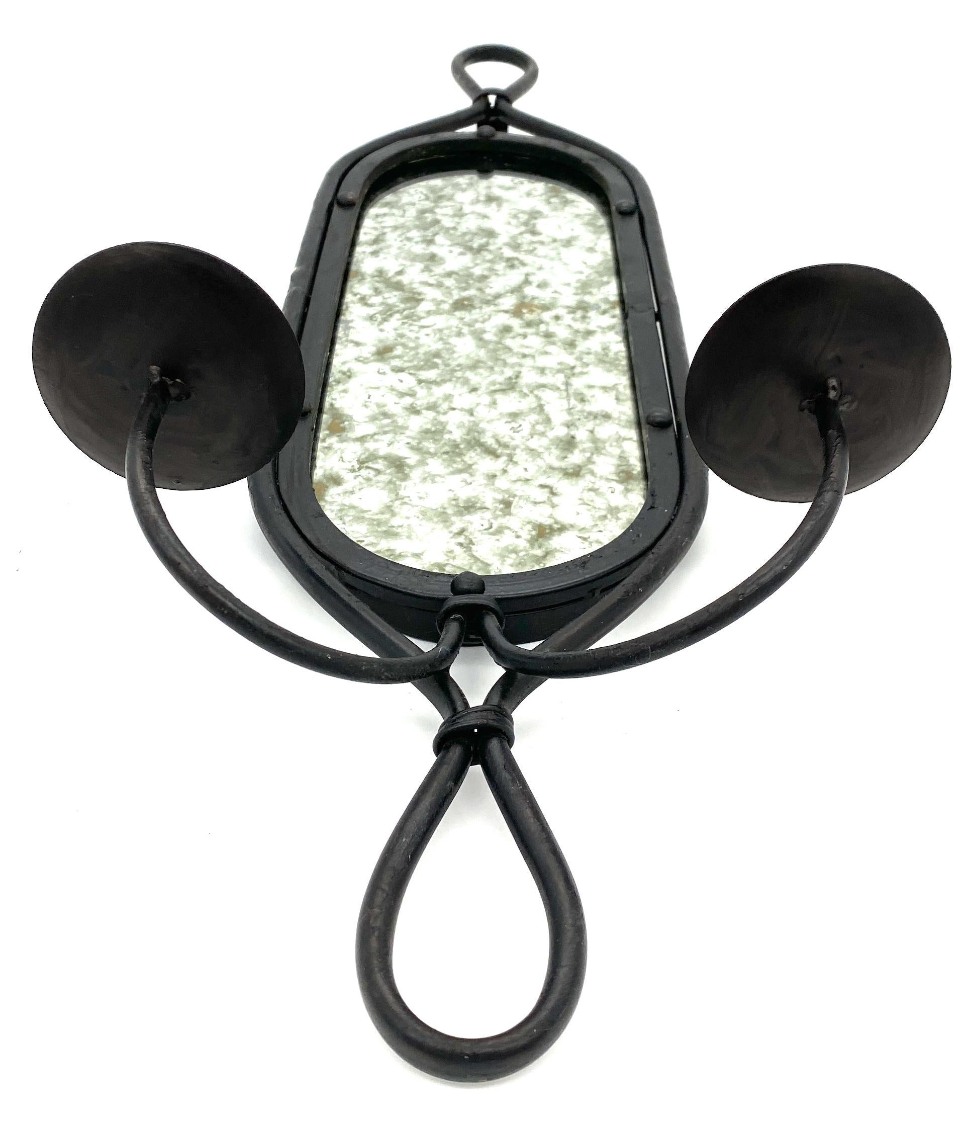 Pair French Modern Blackened Wrought Iron Mirror 2 Light Candle Sconces For Sale 1