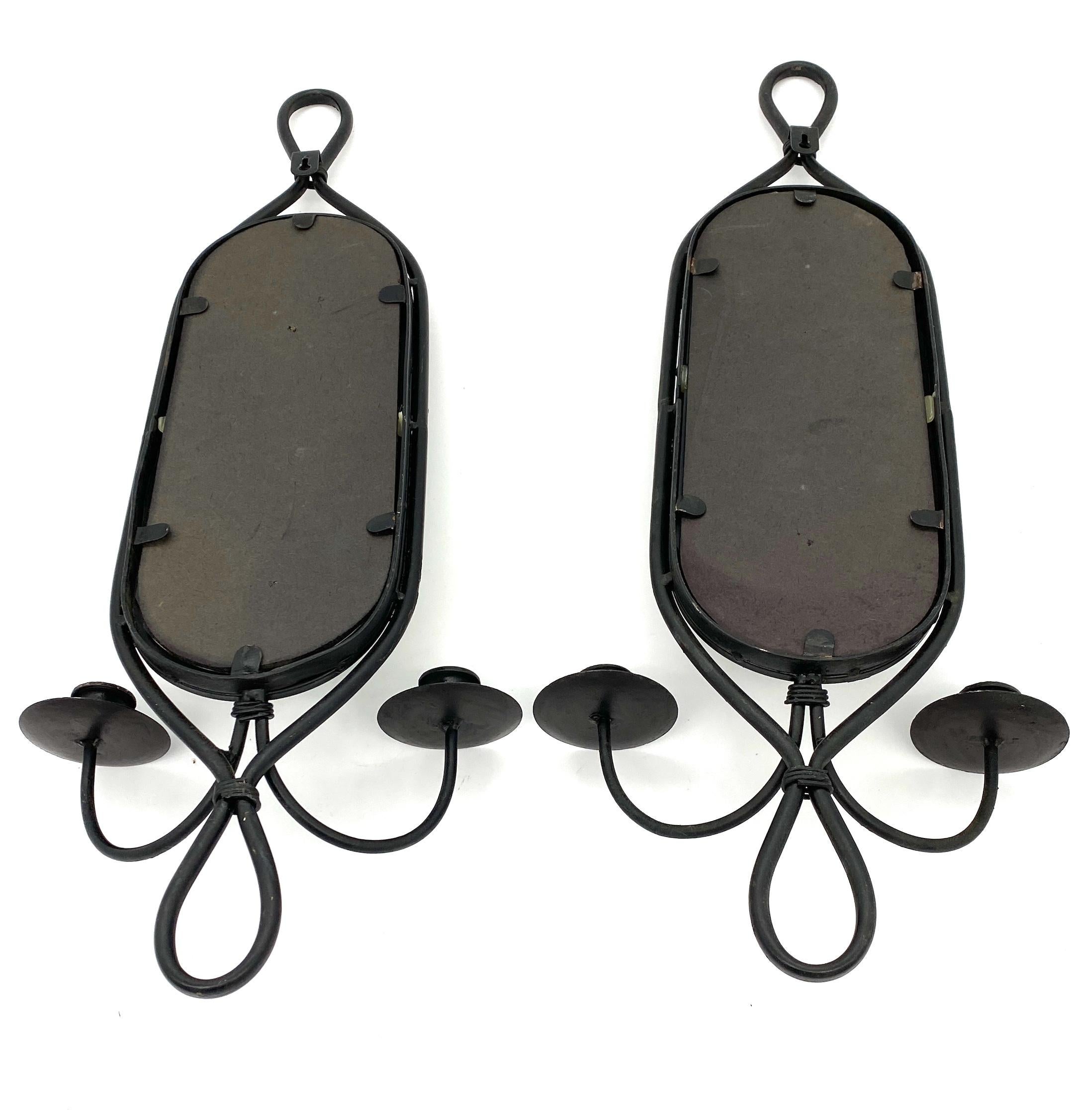 Pair French Modern Blackened Wrought Iron Mirror 2 Light Candle Sconces For Sale 4