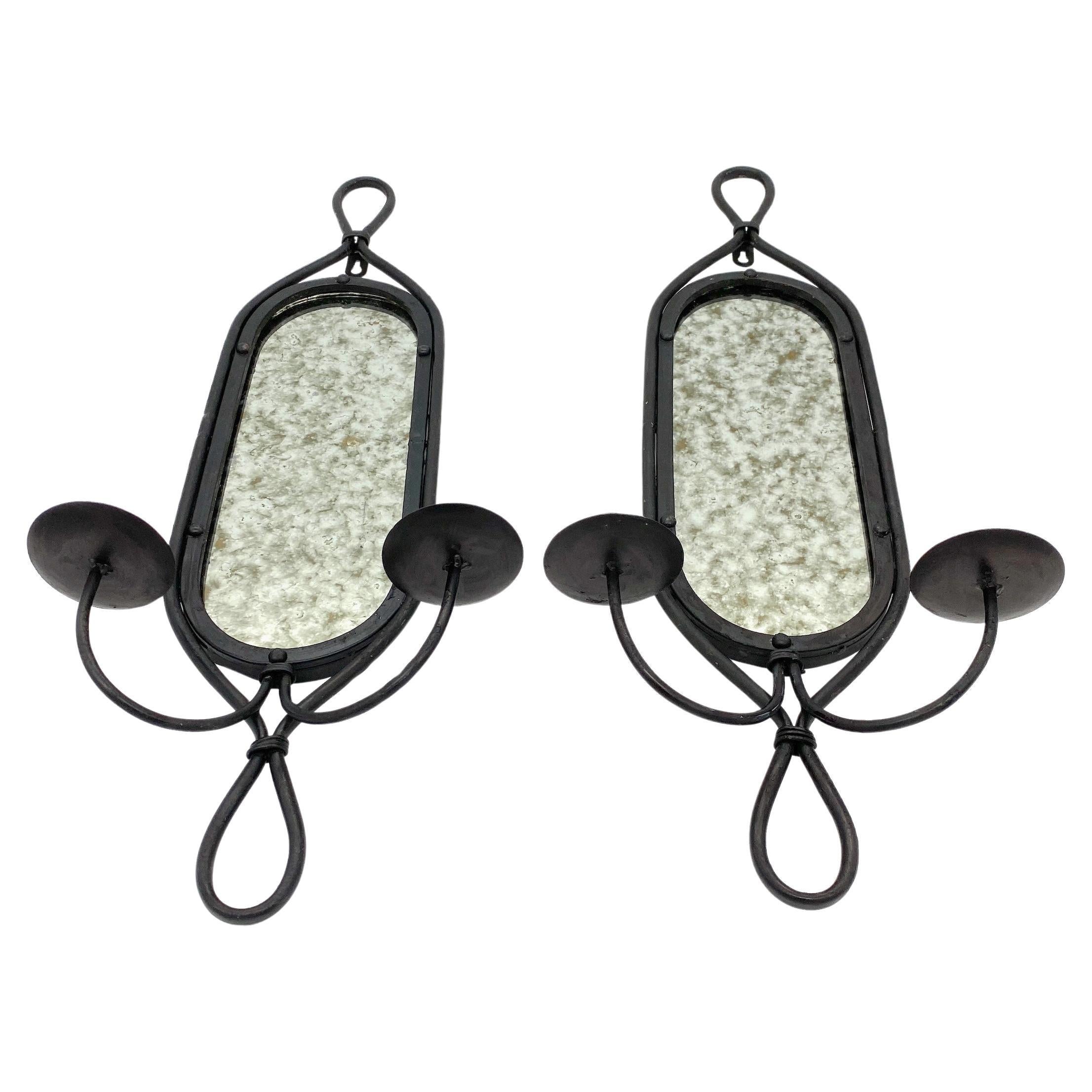 Pair French Modern Blackened Wrought Iron Mirror 2 Light Candle Sconces For Sale