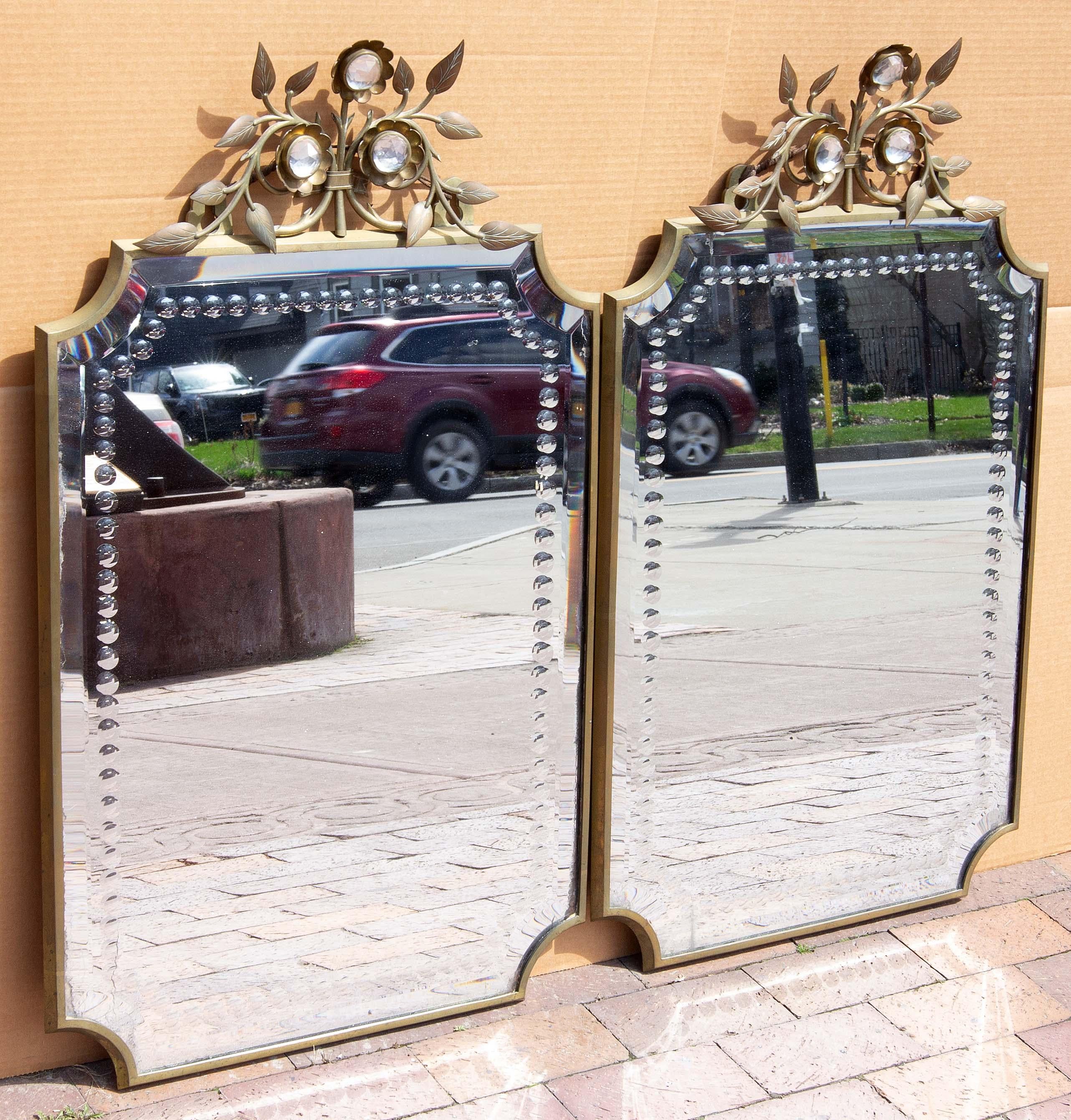 Pair French Modern Brass and Beveled Glass Mirrors 1940's In Good Condition In Rochester, NY
