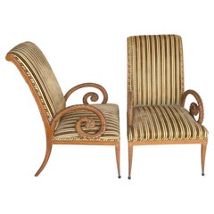 Pair French Modern Carved Feather Scroll Arm Lounge Chairs, Style Maison Jansen