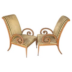 Pair French Modern Carved Feather Scroll Arm Lounge Chairs, Style Maison Jansen