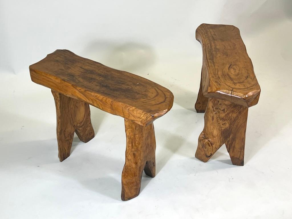 Mid-Century Modern Pair, French Modern Craftsman Hand Carved Chestnut Benches Attr. Alexandre Noll For Sale