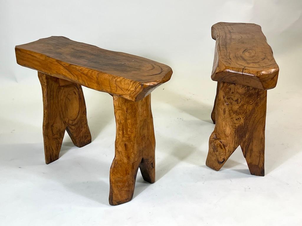 Hand-Carved Pair, French Modern Craftsman Hand Carved Chestnut Benches Attr. Alexandre Noll For Sale