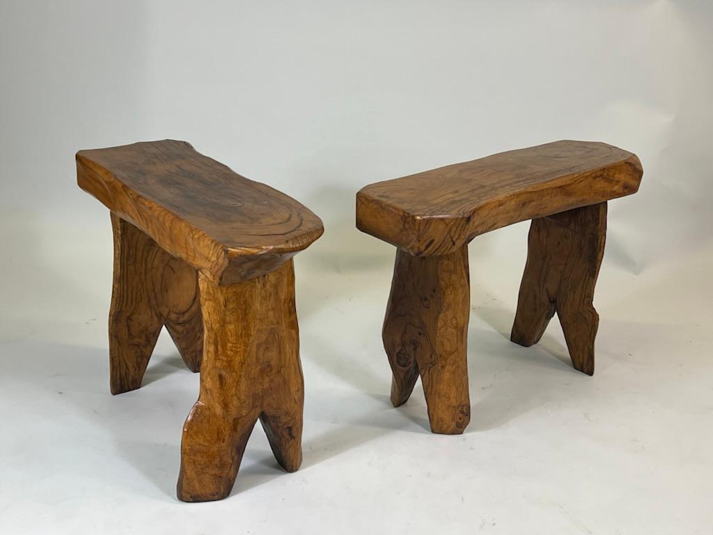 20th Century Pair, French Modern Craftsman Hand Carved Chestnut Benches Attr. Alexandre Noll For Sale