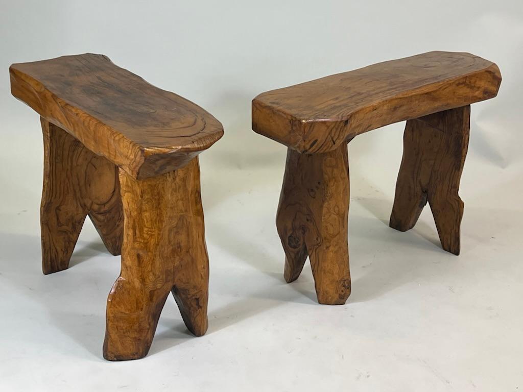 Pair, French Modern Craftsman Hand Carved Chestnut Benches Attr. Alexandre Noll For Sale 1