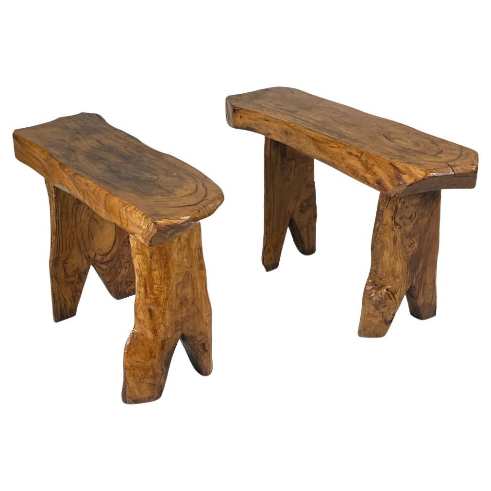 Pair, French Modern Craftsman Hand Carved Chestnut Benches Attr. Alexandre Noll For Sale