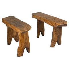 Pair, French Modern Craftsman Hand Carved Chestnut Benches Attr. Alexandre Noll