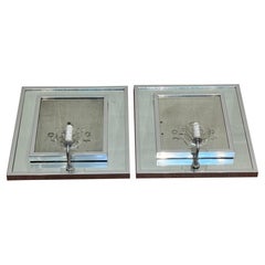 Pair French Modern Engraved Floral Baskets Mirror & Crystal Wall Sconces