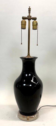 PAIR French Modern Neoclassic Black Opaline Glass Table Lamps, Jean Michel Frank