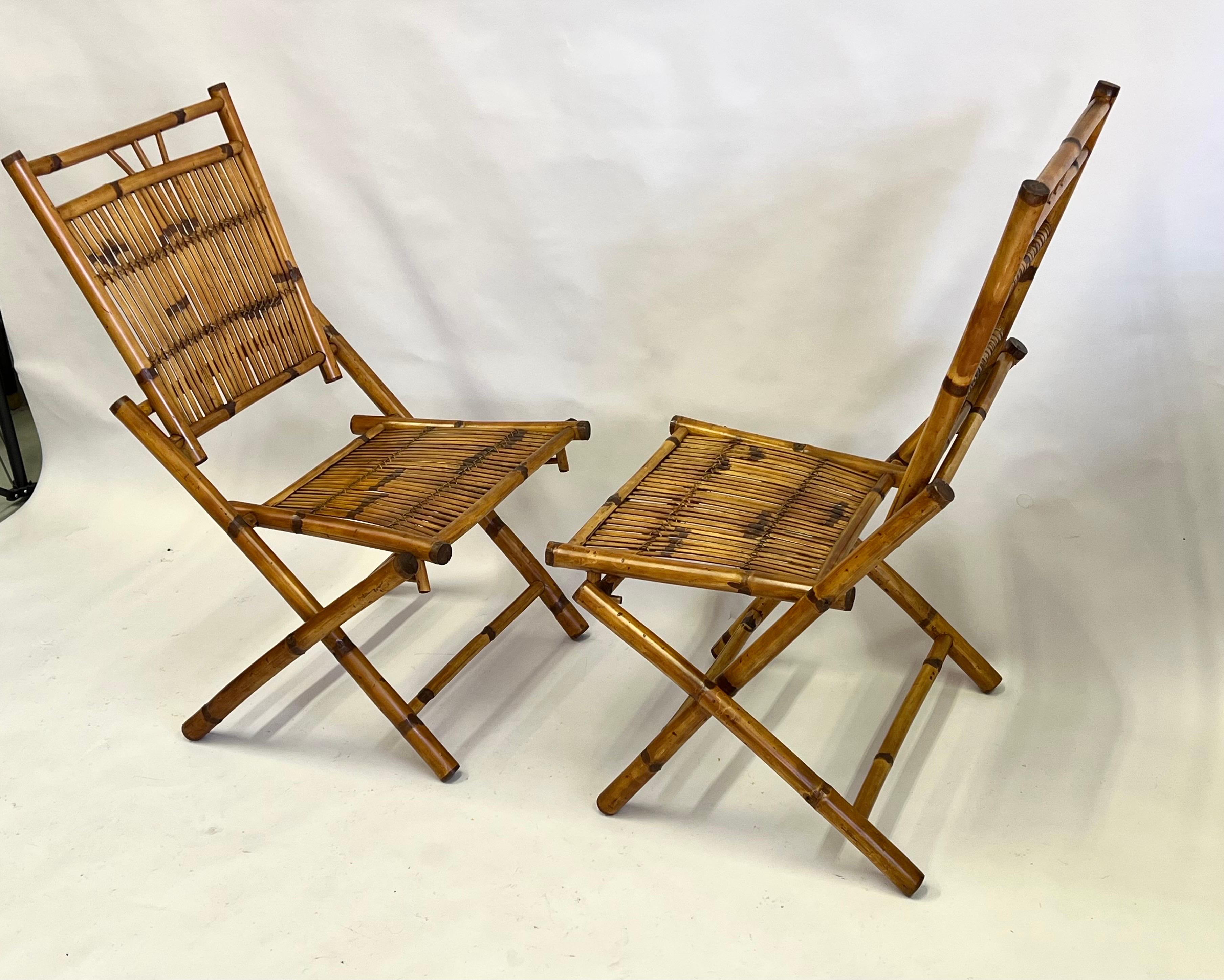 Hand-Crafted Pair French Modern Neoclassical Bamboo & Rattan Lounge /Side Chairs For Sale