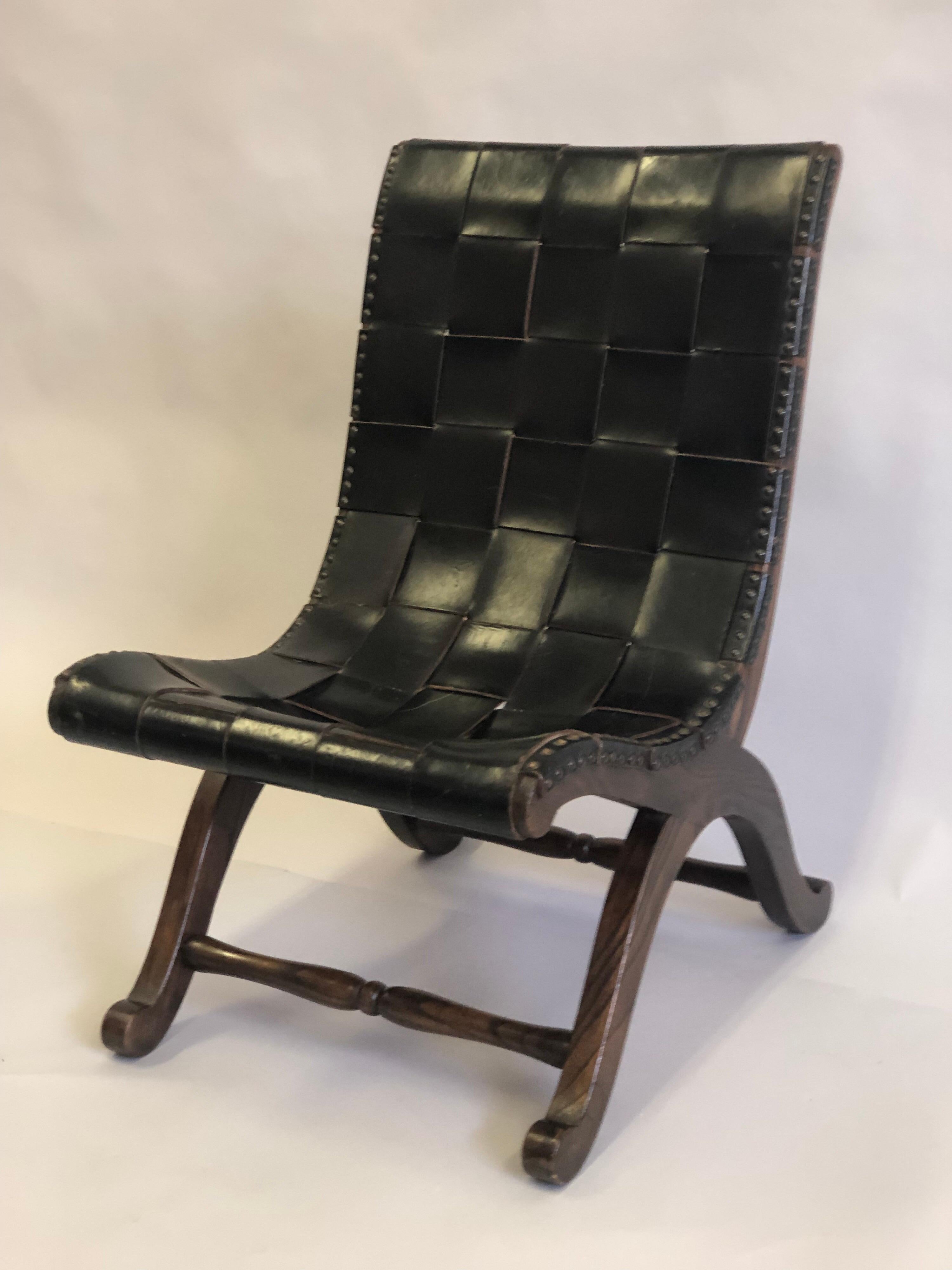 Pair of Modern Neoclassical Black Leather Strap Chairs Attributed Pierre Lottier For Sale 1