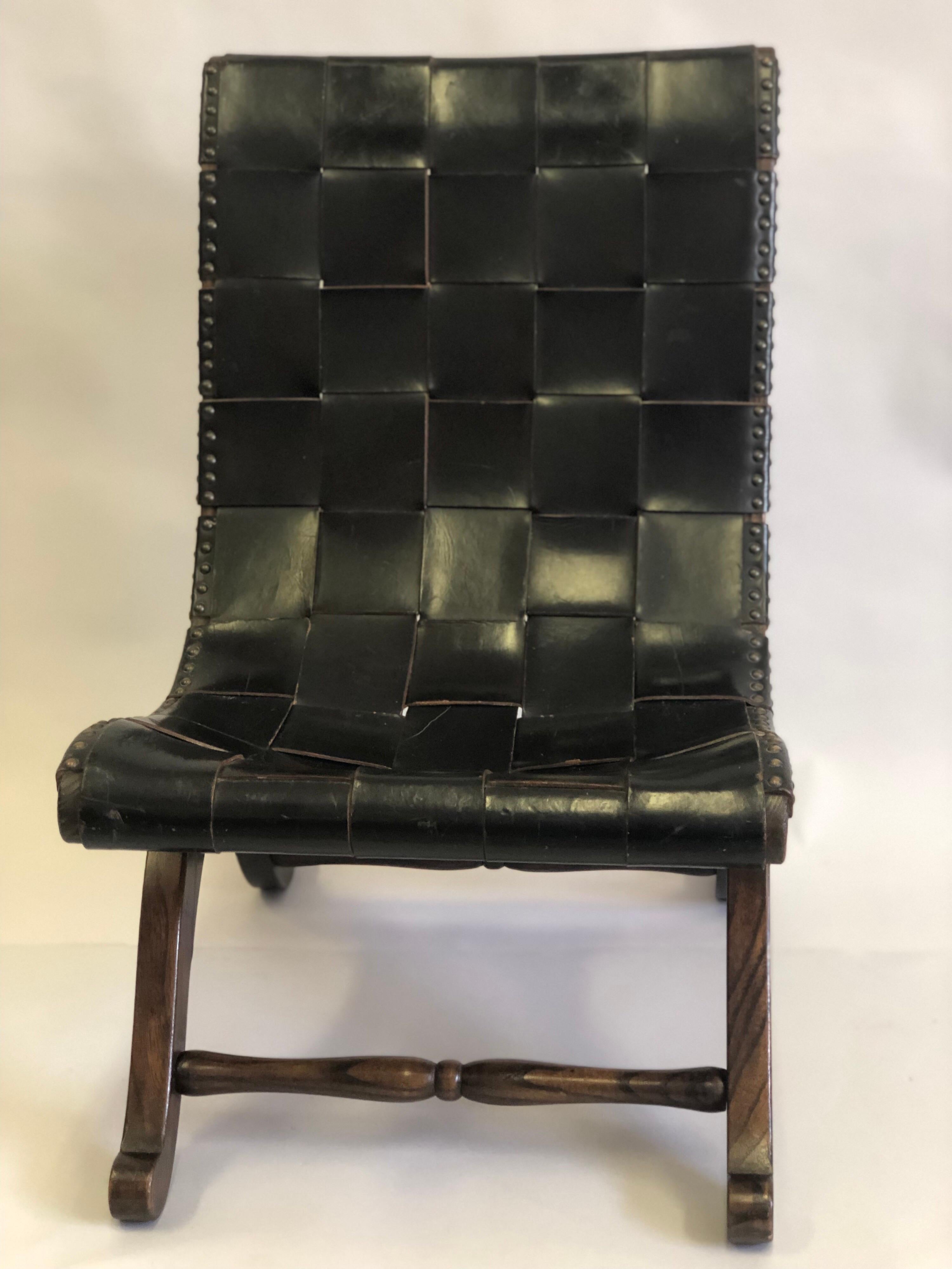 Pair of Modern Neoclassical Black Leather Strap Chairs Attributed Pierre Lottier For Sale 2