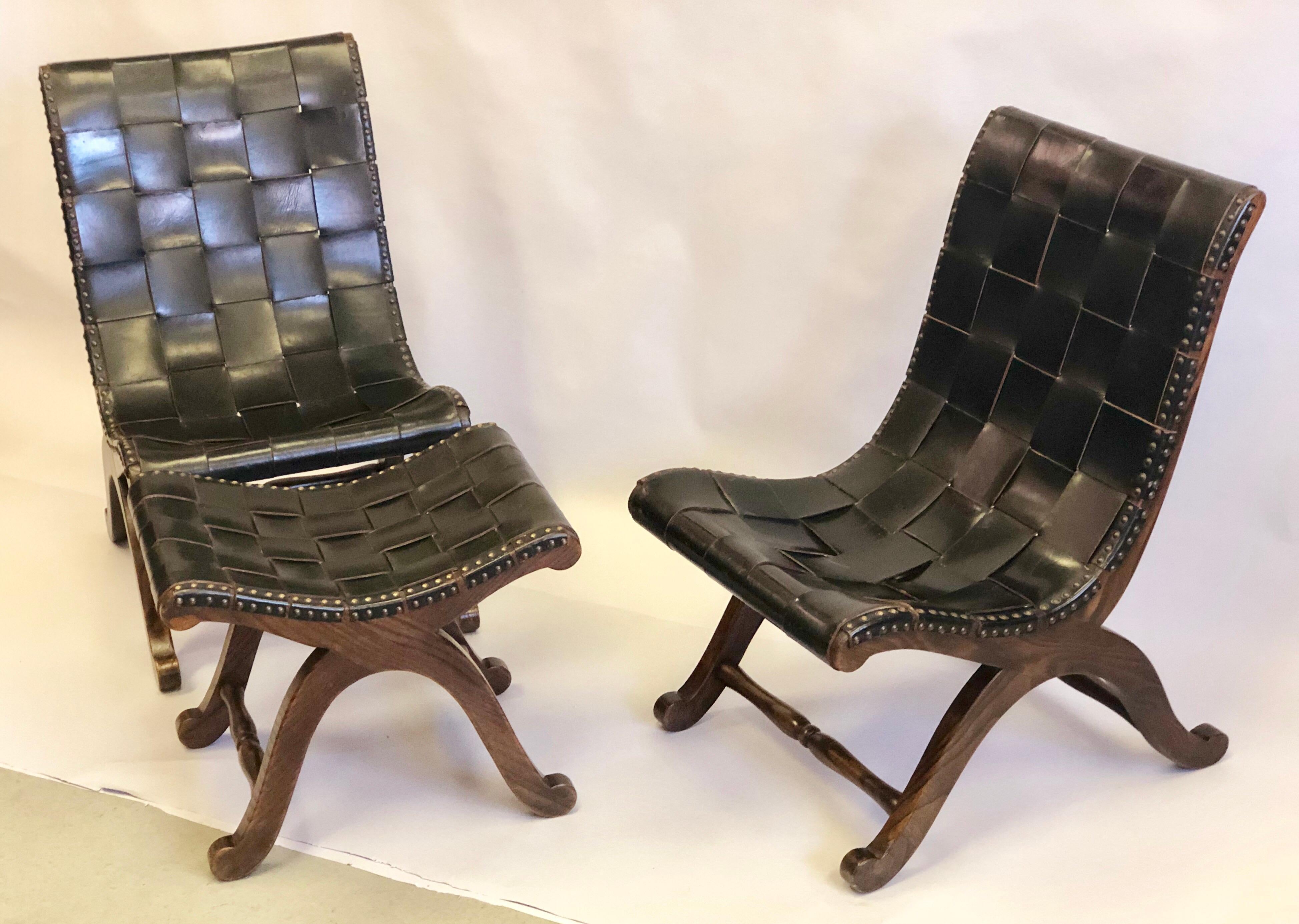 Pair of Modern Neoclassical Black Leather Strap Chairs Attributed Pierre Lottier For Sale 8