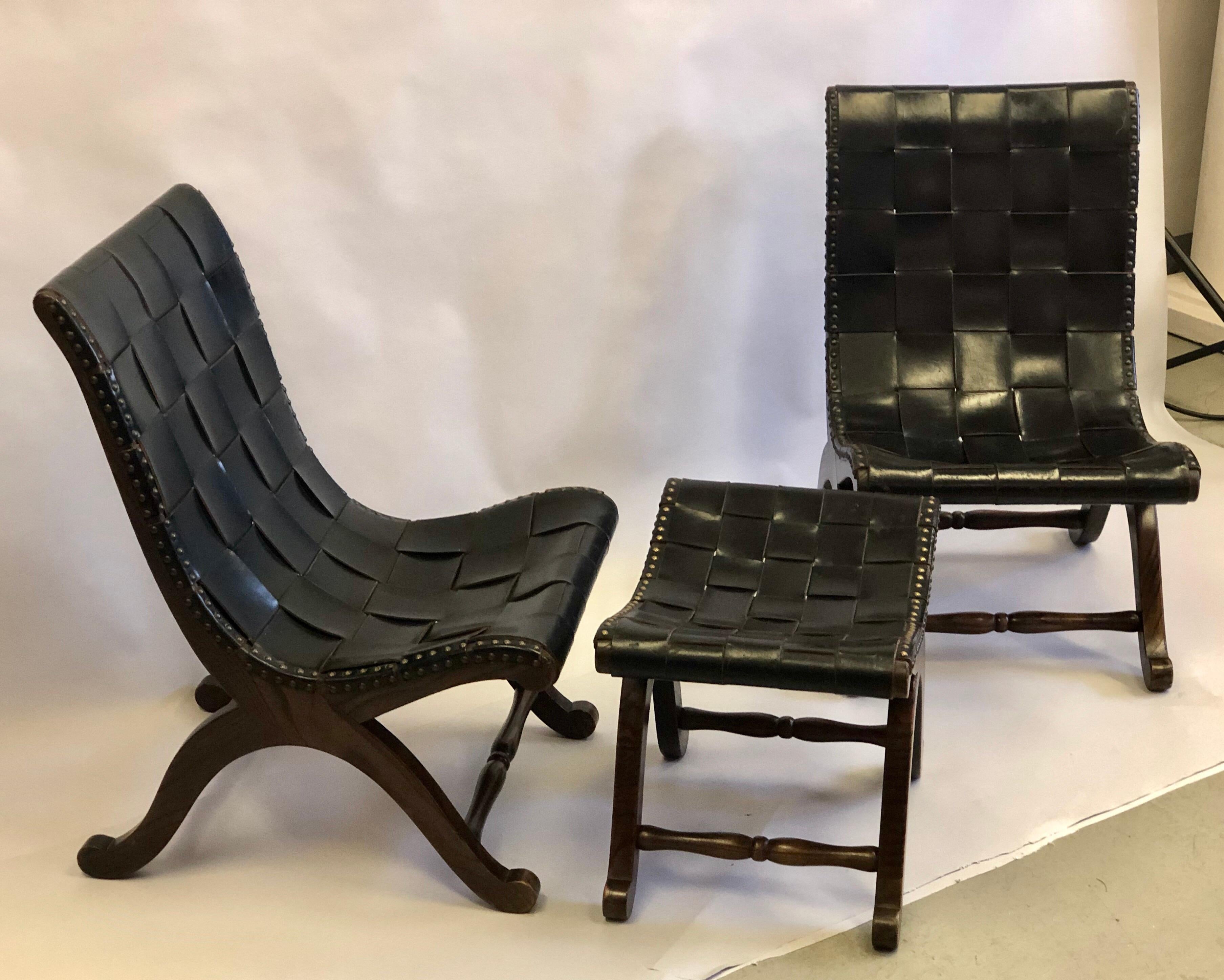 Pair of Modern Neoclassical Black Leather Strap Chairs Attributed Pierre Lottier For Sale 9