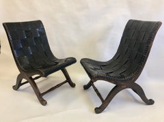 Pair of Modern Neoclassical Black Leather Strap Chairs Attributed Pierre Lottier