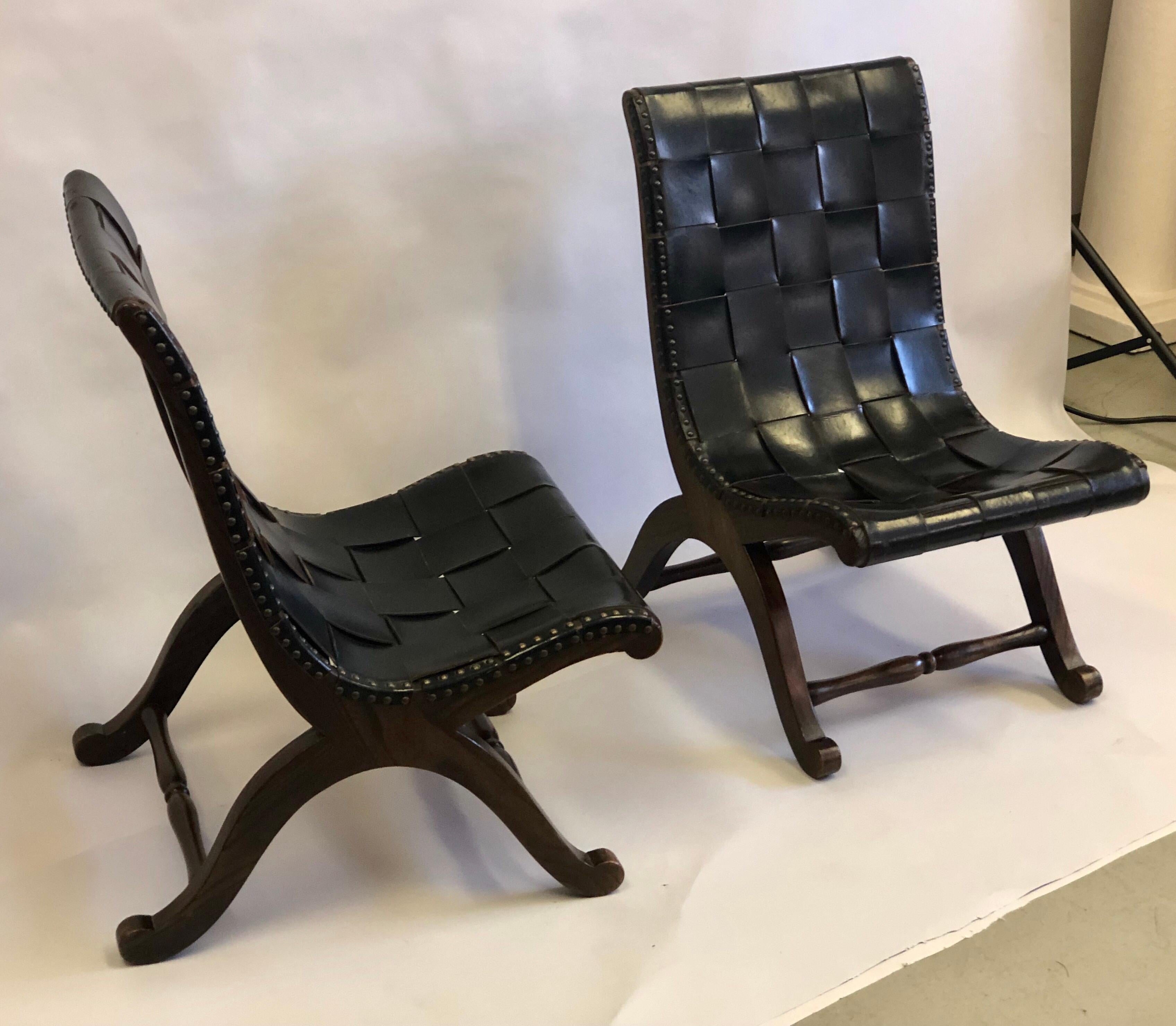French Pair of Modern Neoclassical Black Leather Strap Chairs Attributed Pierre Lottier For Sale