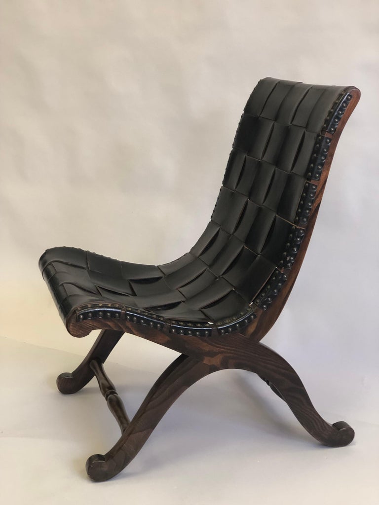 Pair of Modern Neoclassical Black Leather Strap Chairs Attributed