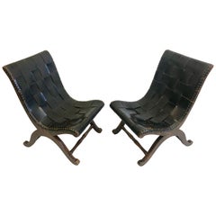 Pair of Modern Neoclassical Black Leather Strap Chairs Attributed Pierre Lottier