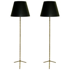 French Modern Neoclassical Brass Faux Bamboo Floor Lamps by Jacques Adnet, Pair