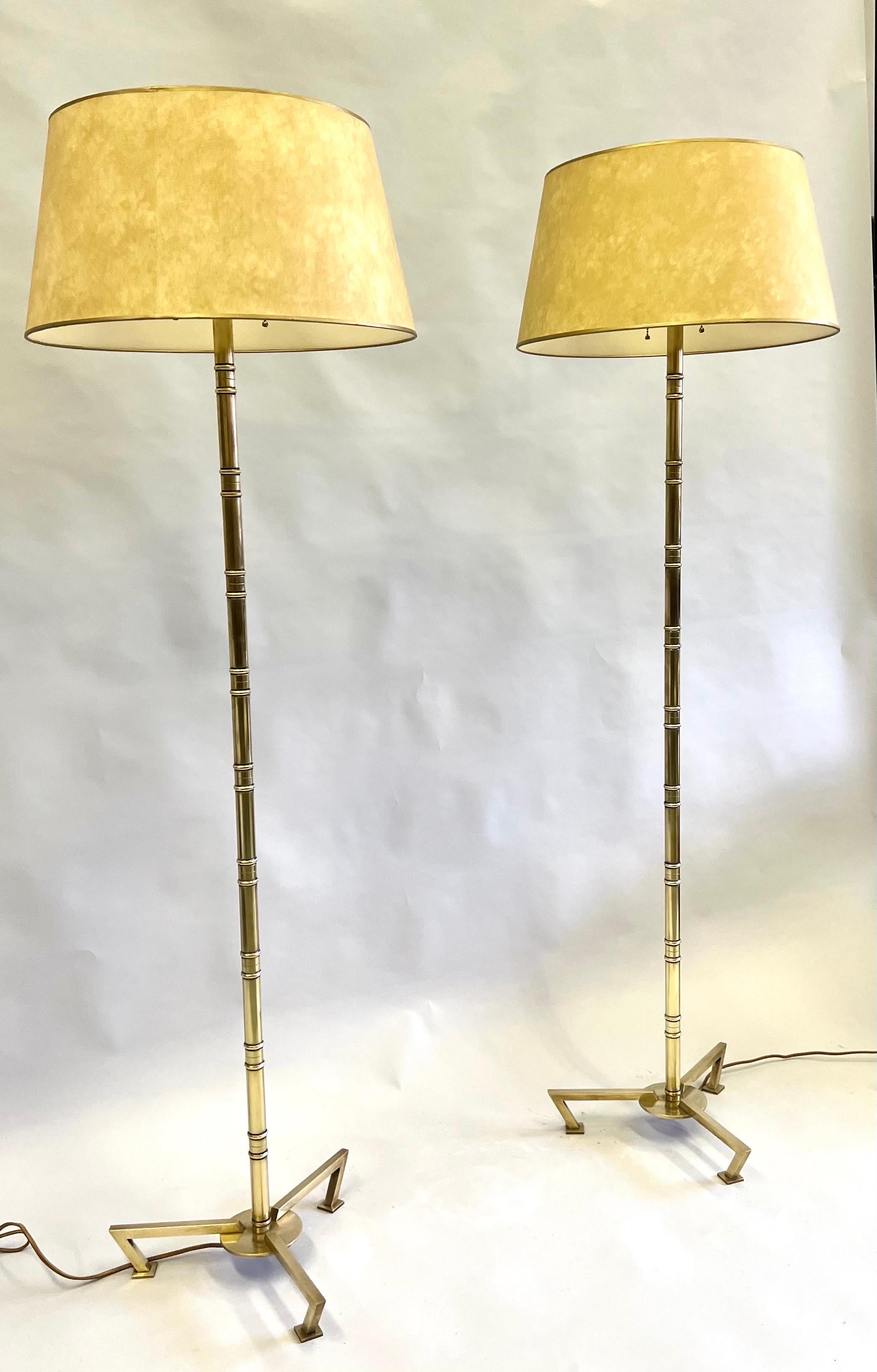 Mid-Century Modern Pair, French Modern Neoclassical Brass Faux Bamboo Floor Lamps by Maison Bagues For Sale