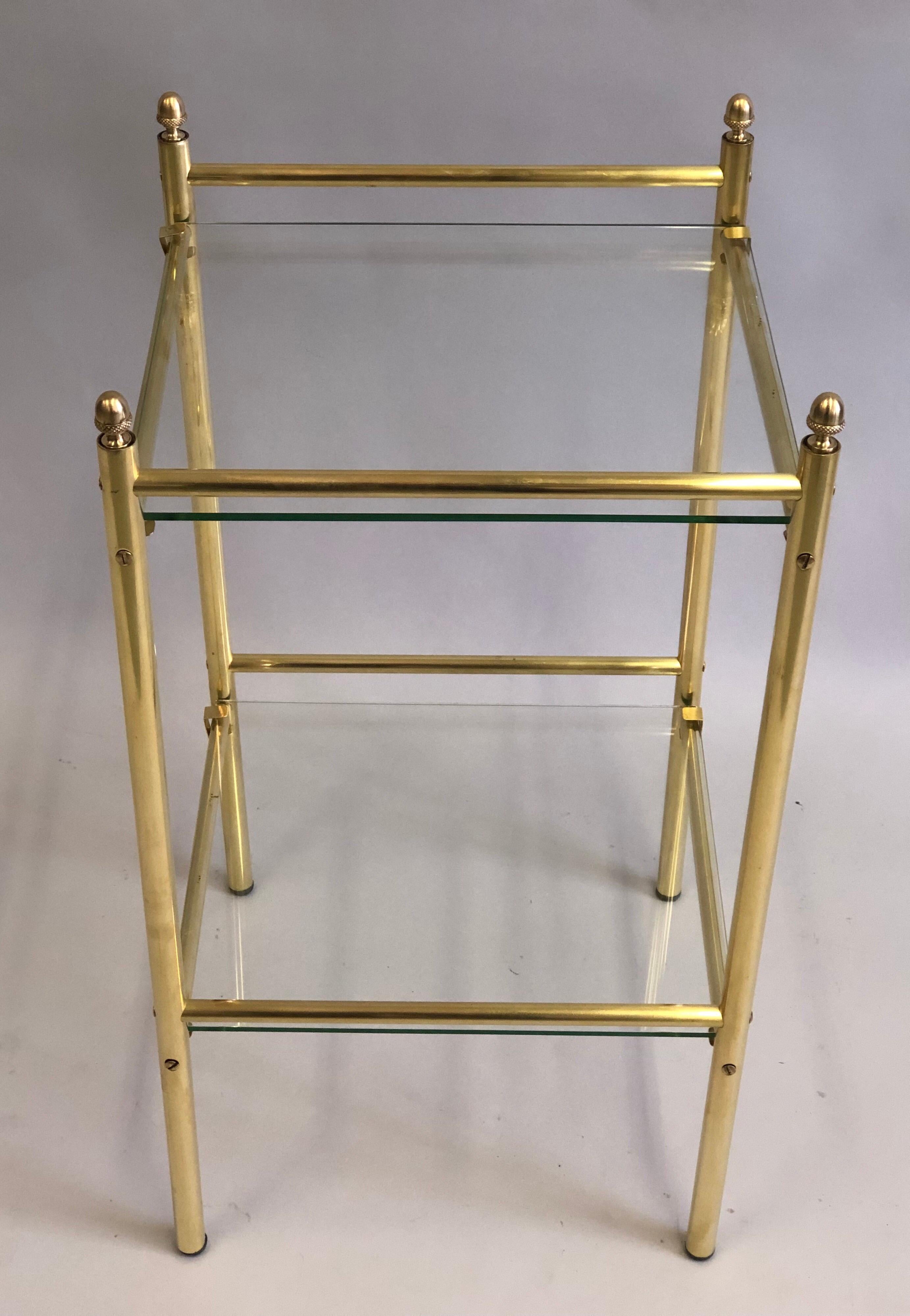Mid-Century Modern Pair of French Modern Neoclassical Double Level Brass Side Tables, Maison Jansen For Sale