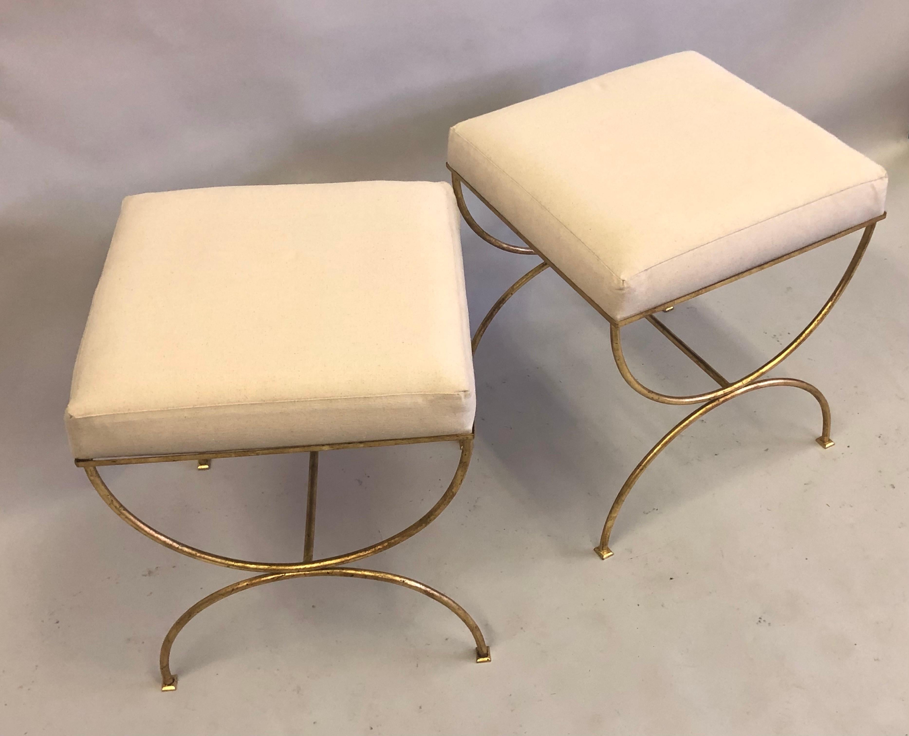 Mid-Century Modern Pair French Modern Neoclassical Gilt Iron Benches, Style of Jean-Michel Frank For Sale
